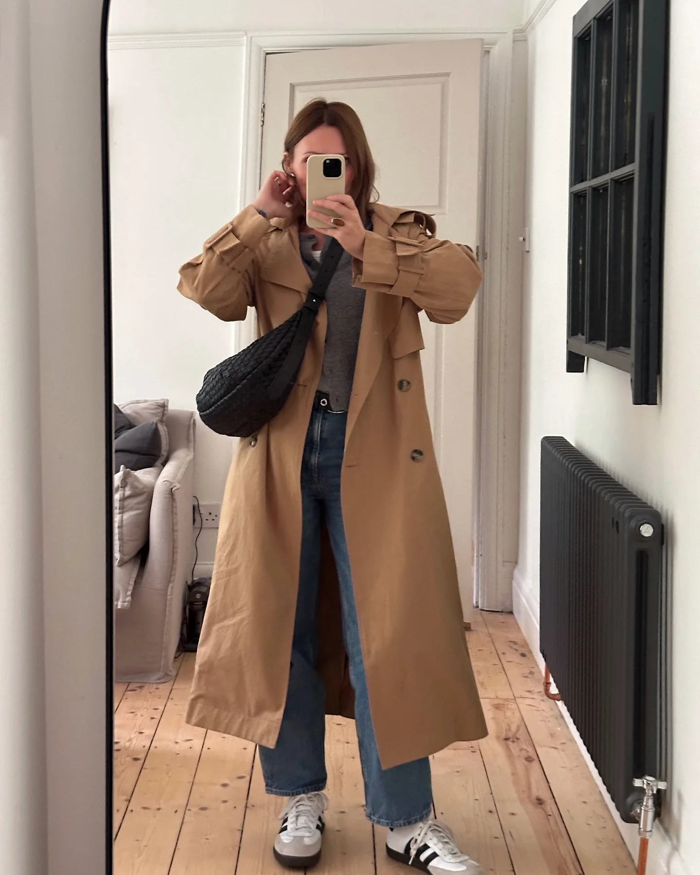 Camel Trench Coat With Sneakers Creates a Relaxed Weekend Fall Outfit