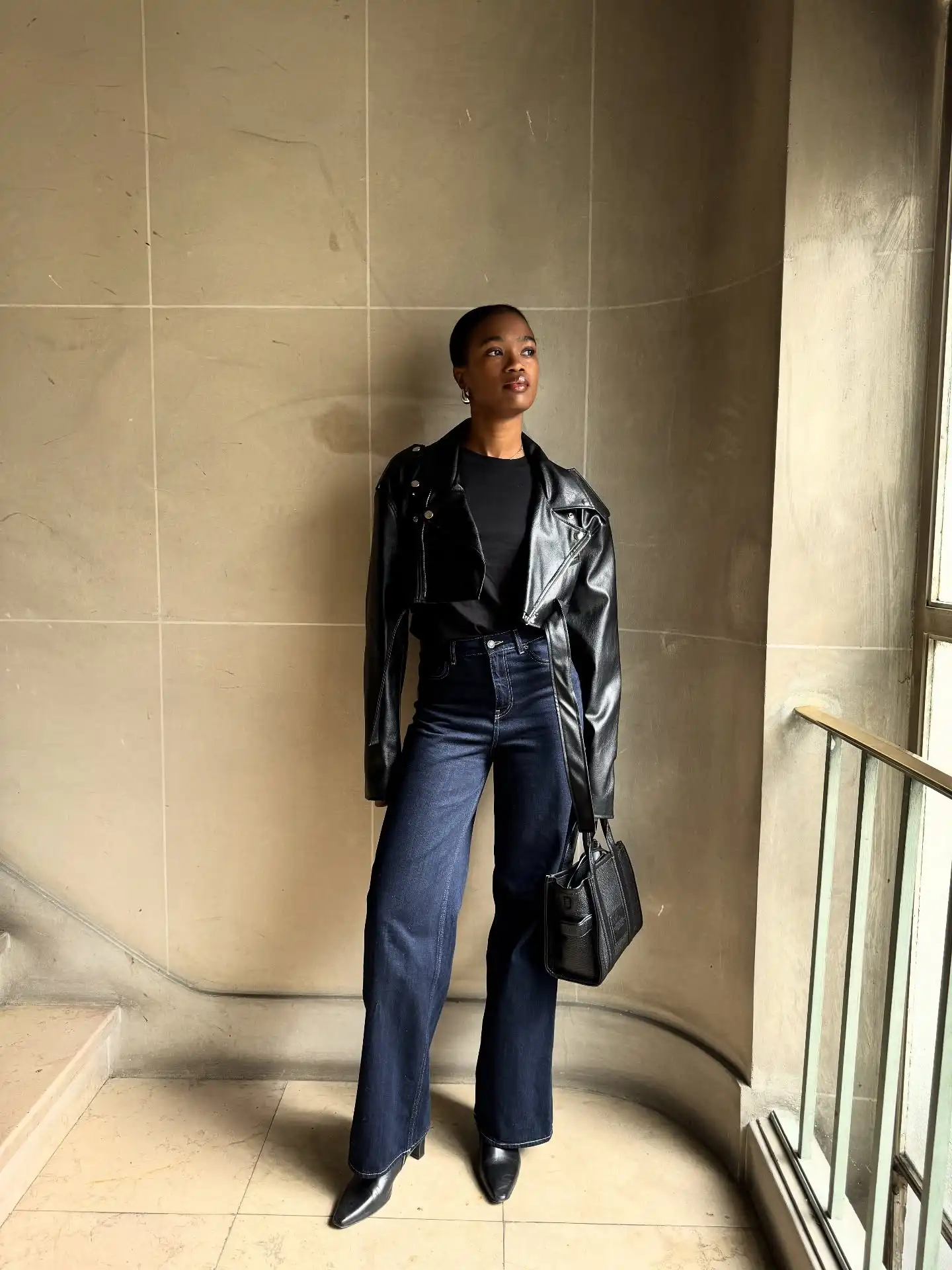 Cropped Leather Jacket With Dark Wide-Leg Jeans