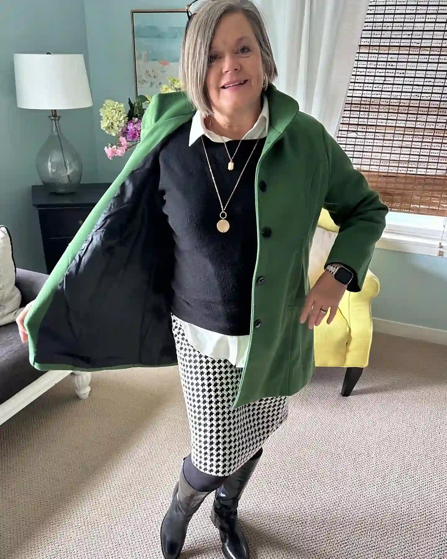 Green Coat With Black and White Layers