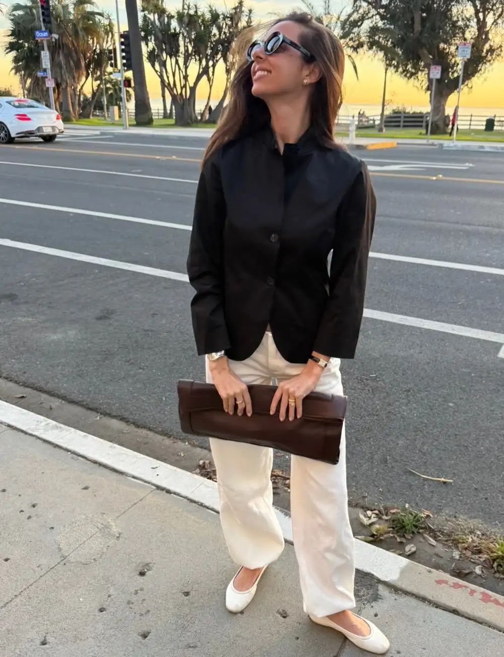 Black Blazer With Cream Pants and Ballet Flats