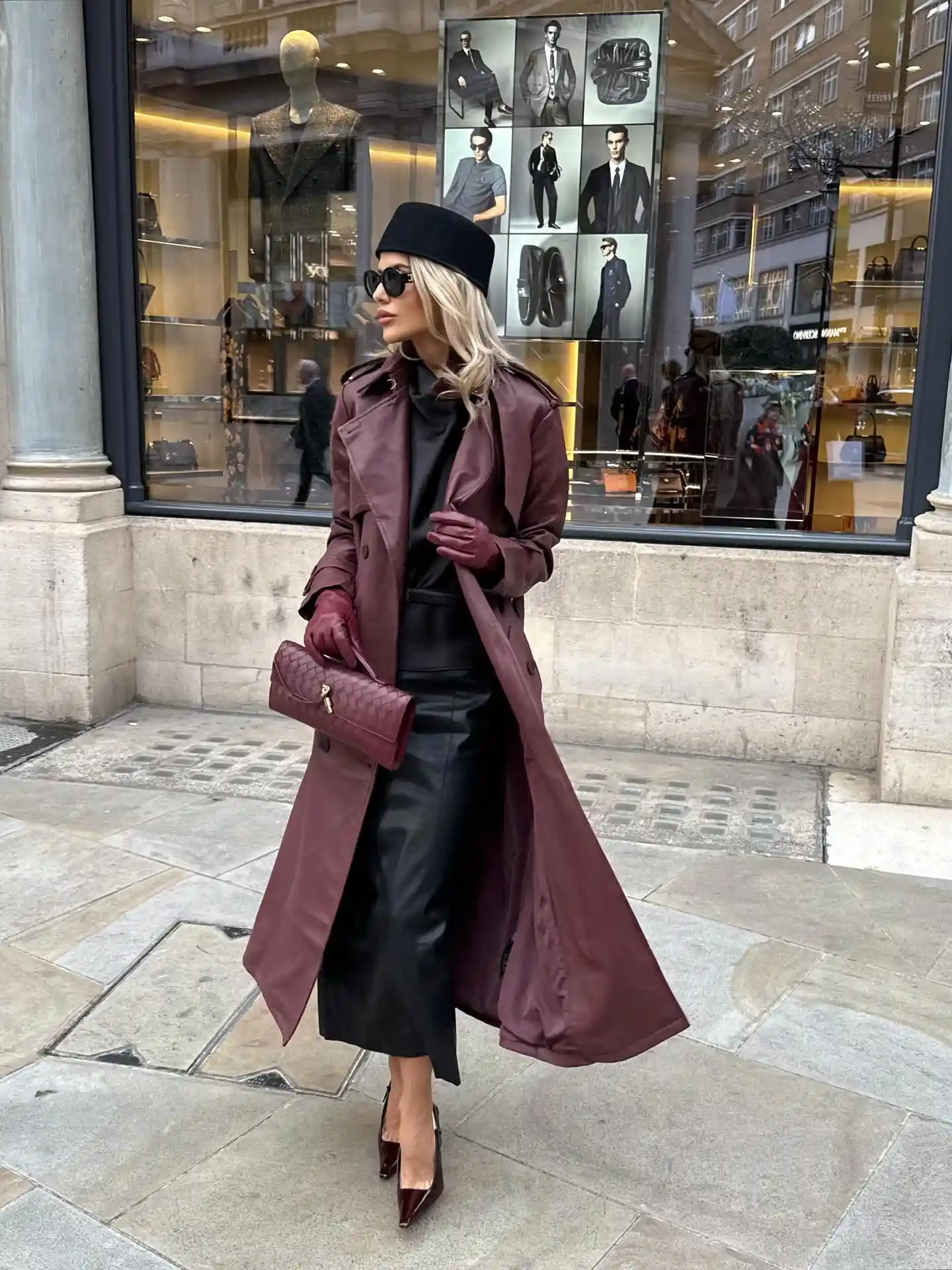 Mix a Burgundy Trench With Black Leather Pieces