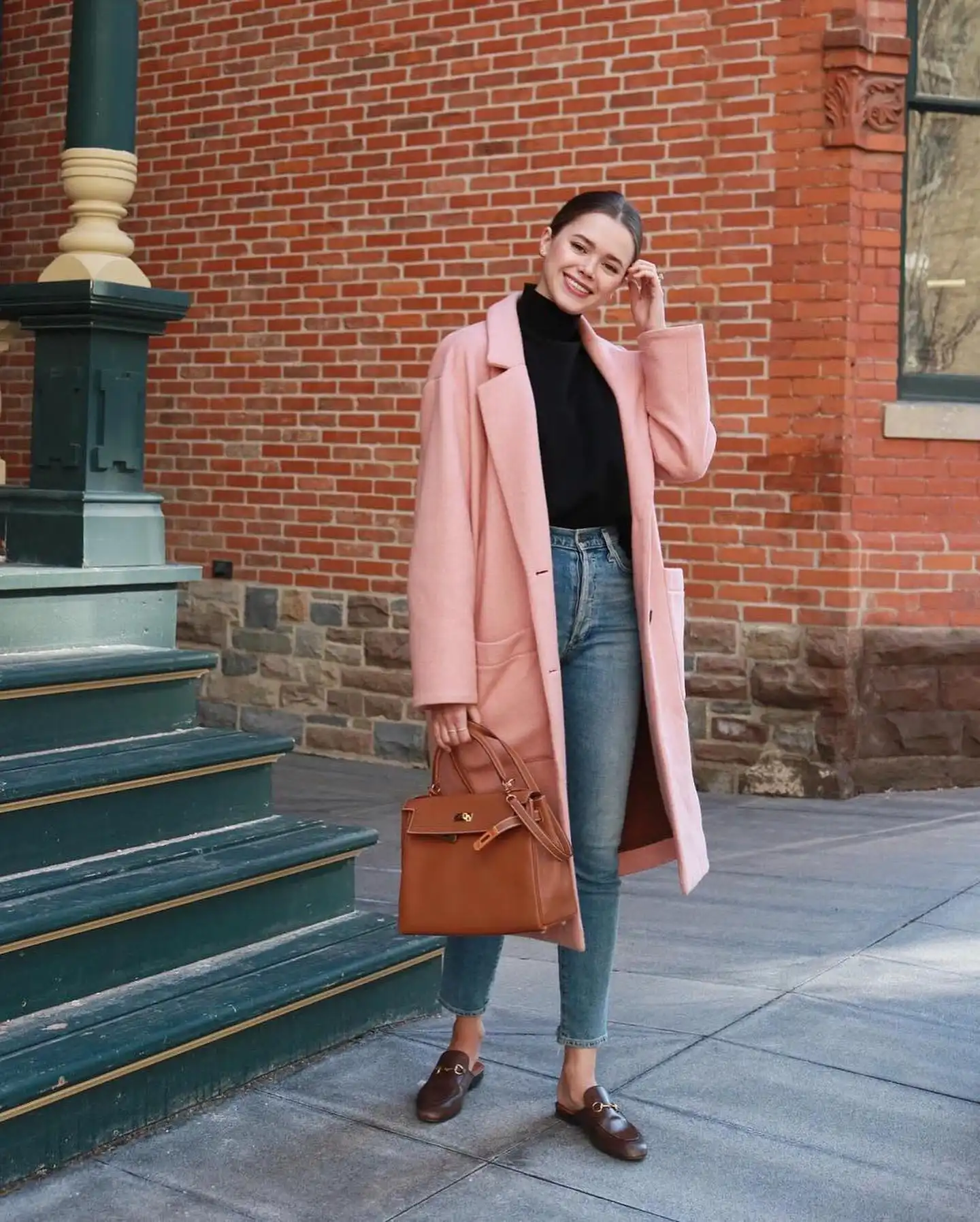 Pink Coat and Brown Loafers Balance a Soft Fall Color Palette