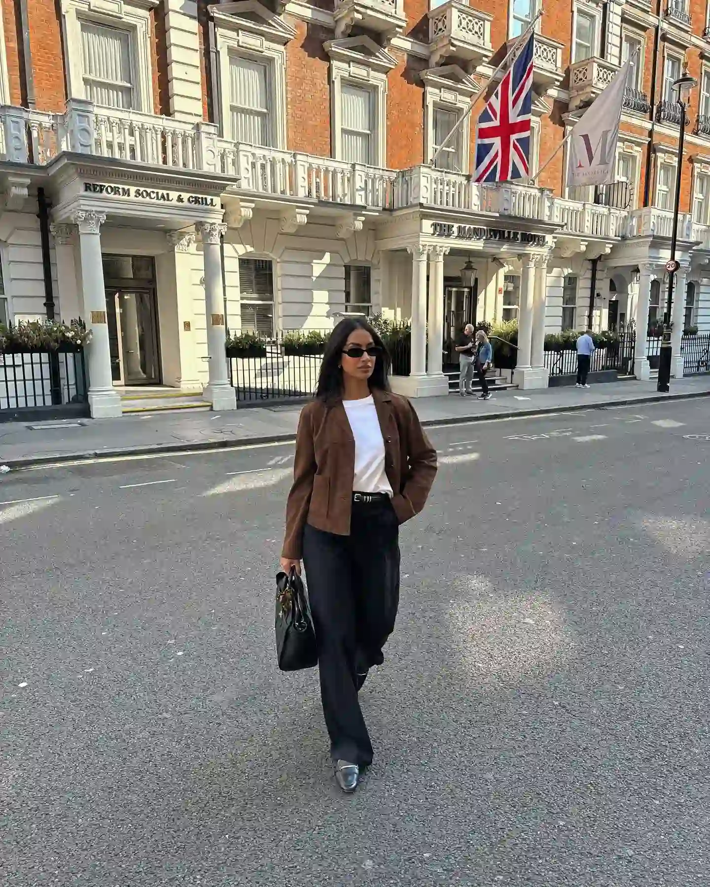 Brown Cropped Jacket With Wide Leg Black Trousers