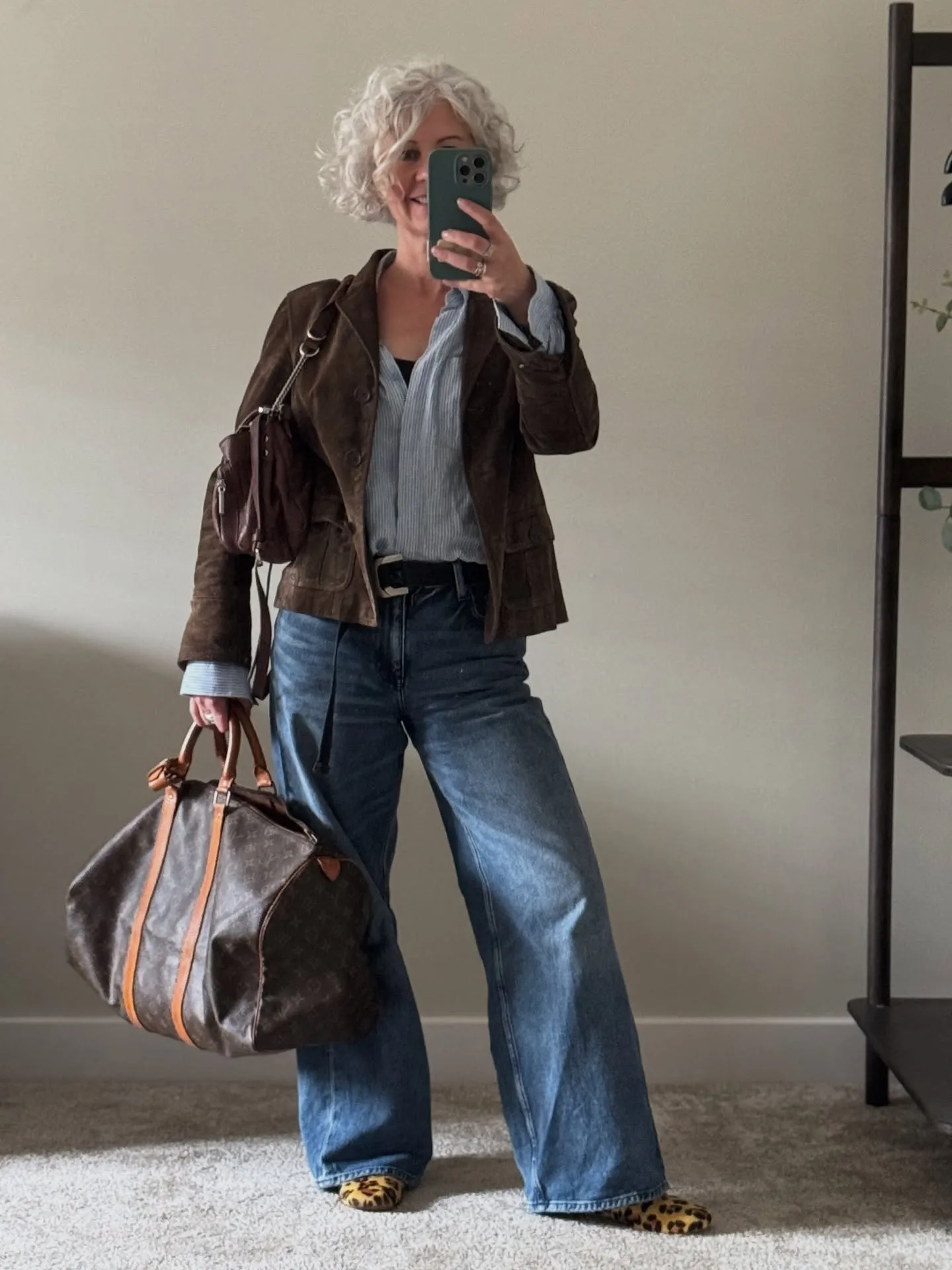 Brown Suede Jacket With Wide Leg Jeans