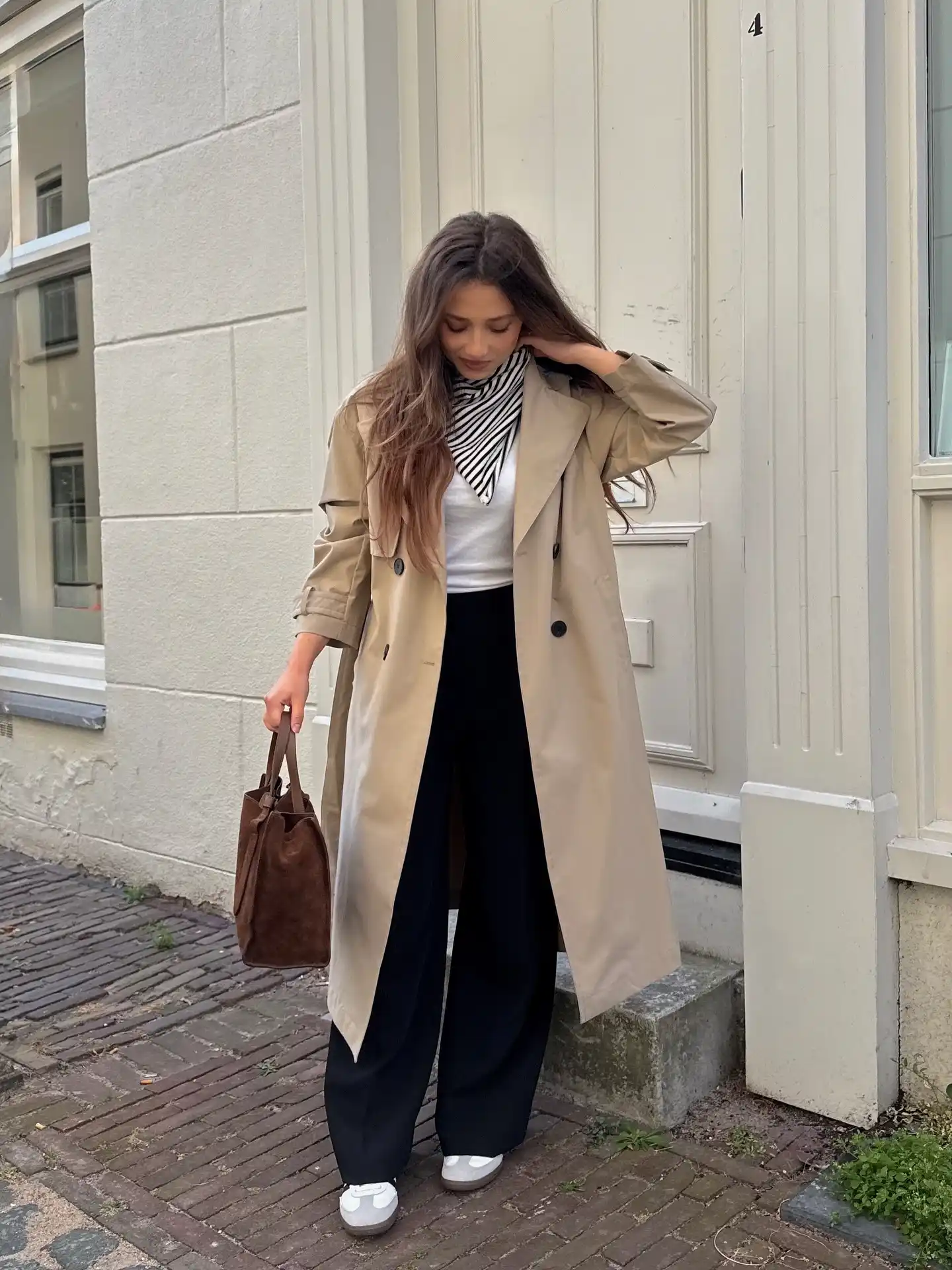 Beige Trench Coat With Wide-Leg Trousers For A Minimal Fall Look