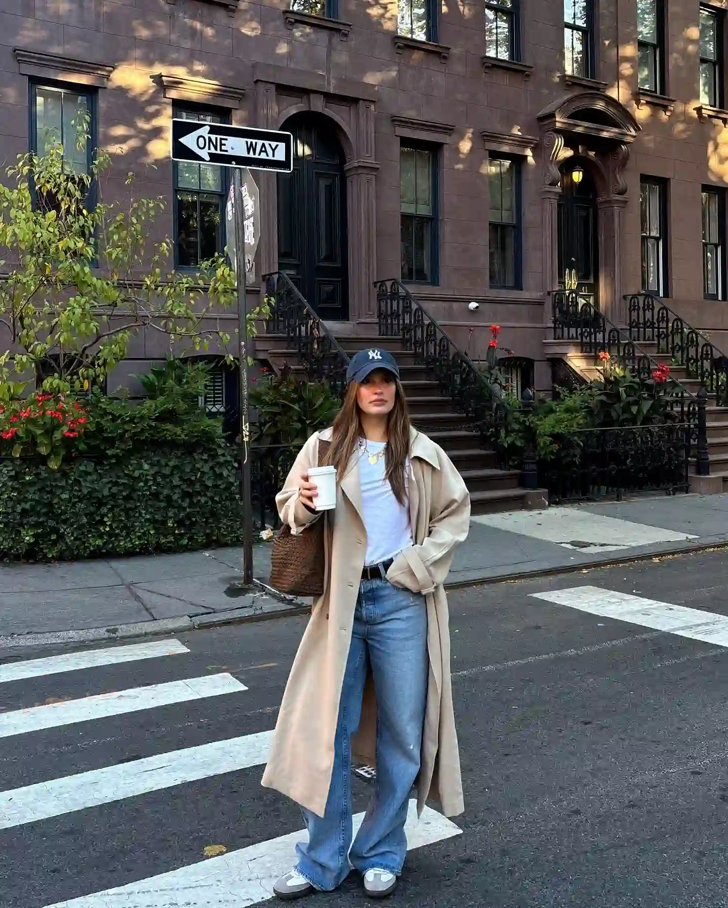 Long Camel Trench With White Tee and Relaxed Blue Jeans