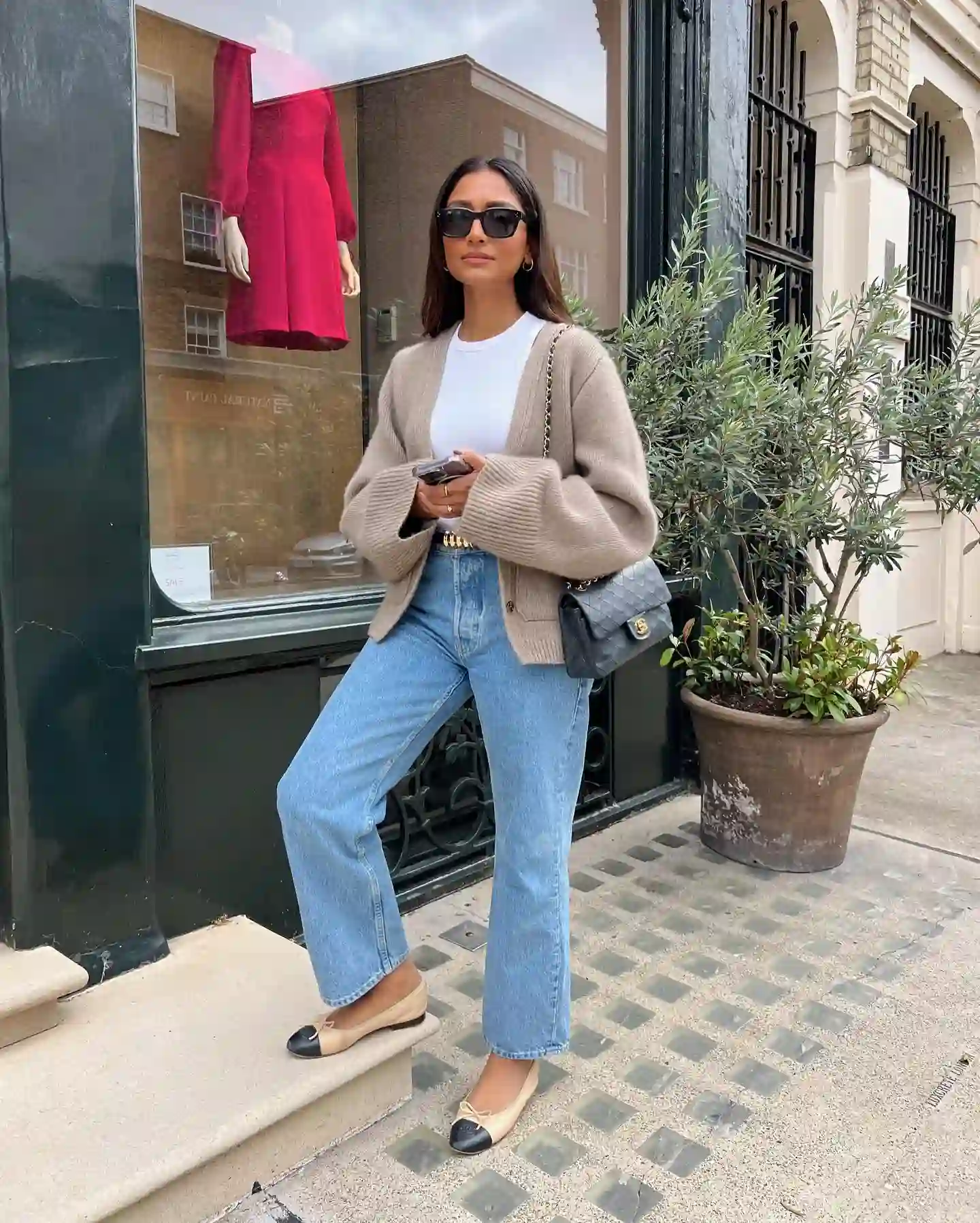 Taupe Cardigan With Straight Jeans and Two Tone Flats