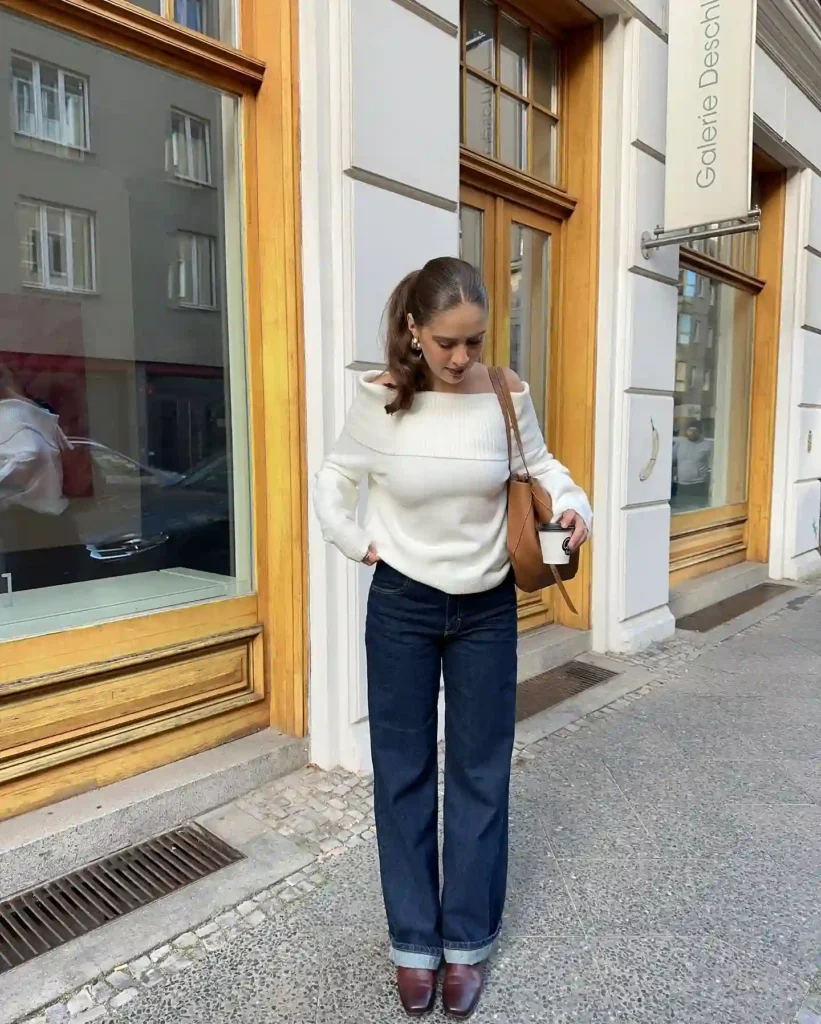 Cream Off Shoulder Sweater With Dark Denim and Cognac Accessories