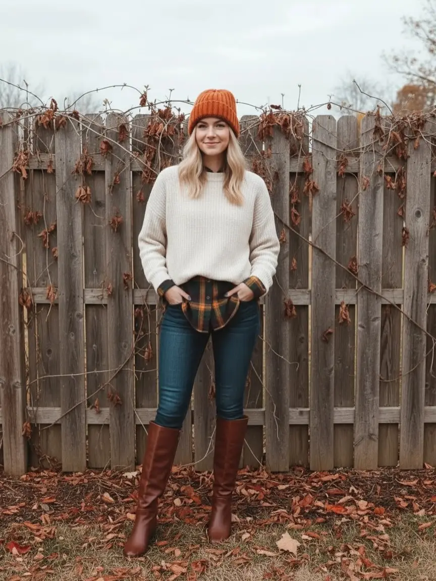 Rust Beanie With Cream Sweater, Dark Jeans, and Brown Boots