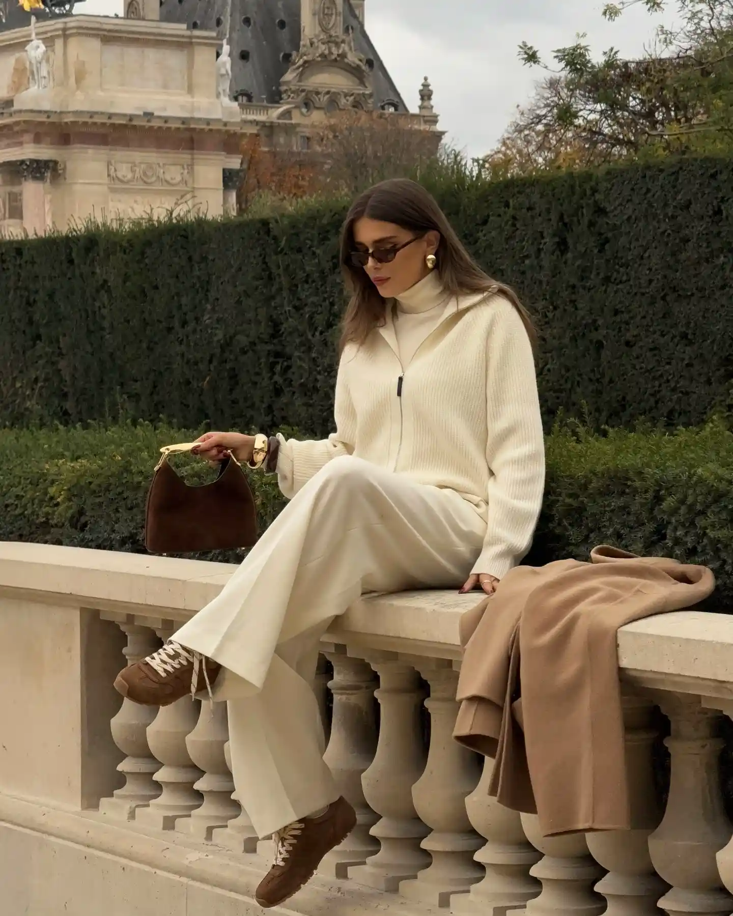 Cream Knit Layers With Wide Leg Trousers and Camel Accessories