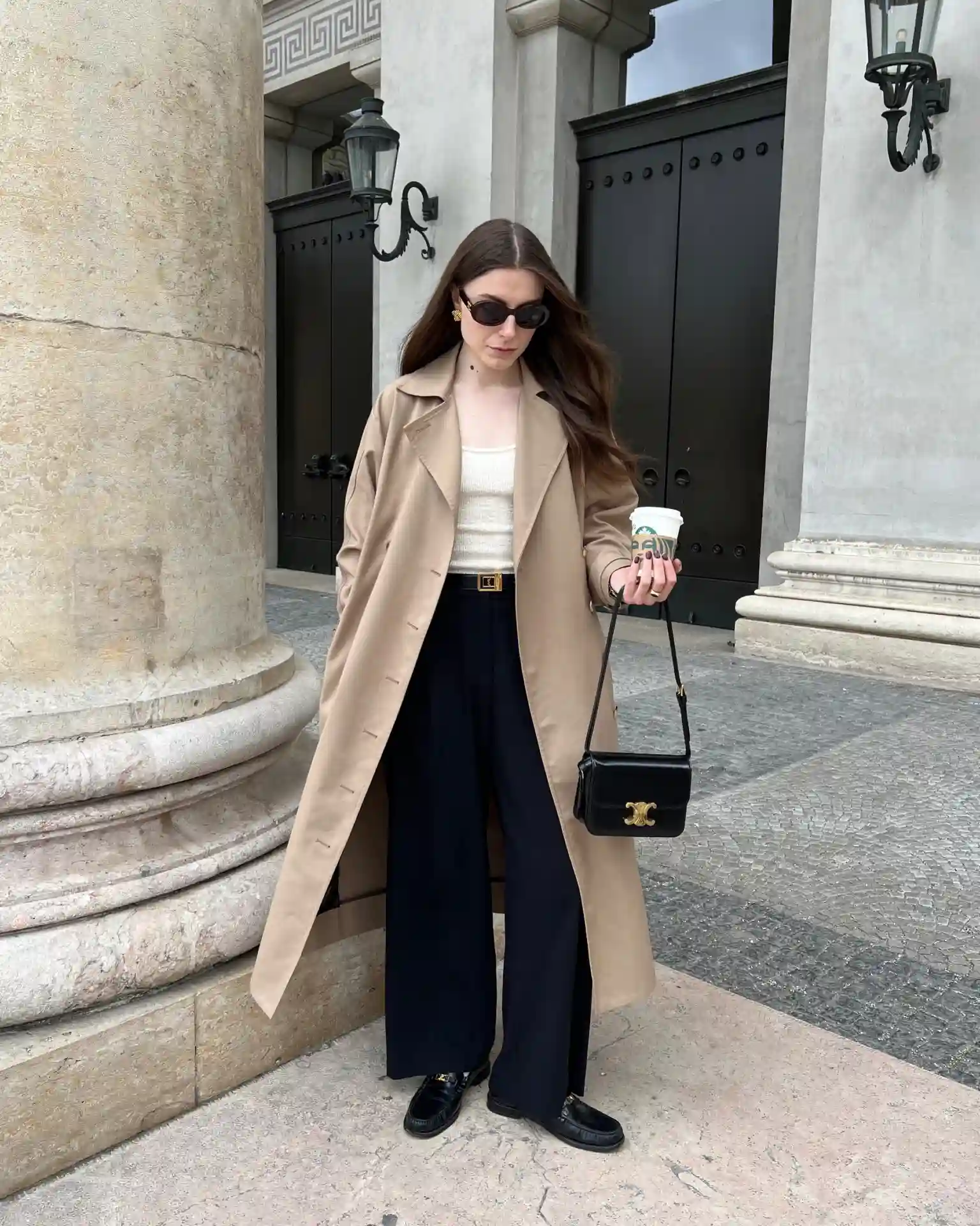 Camel Trench With Black Wide Leg Trousers and a Cream Knit