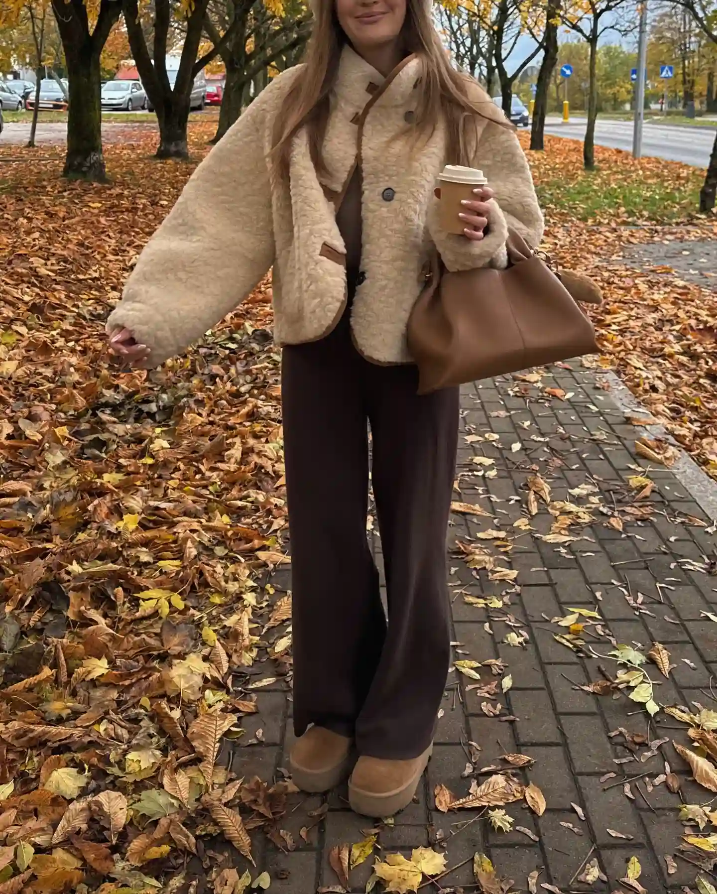 Cream Teddy Jacket With Chocolate Trousers and Camel Accessories