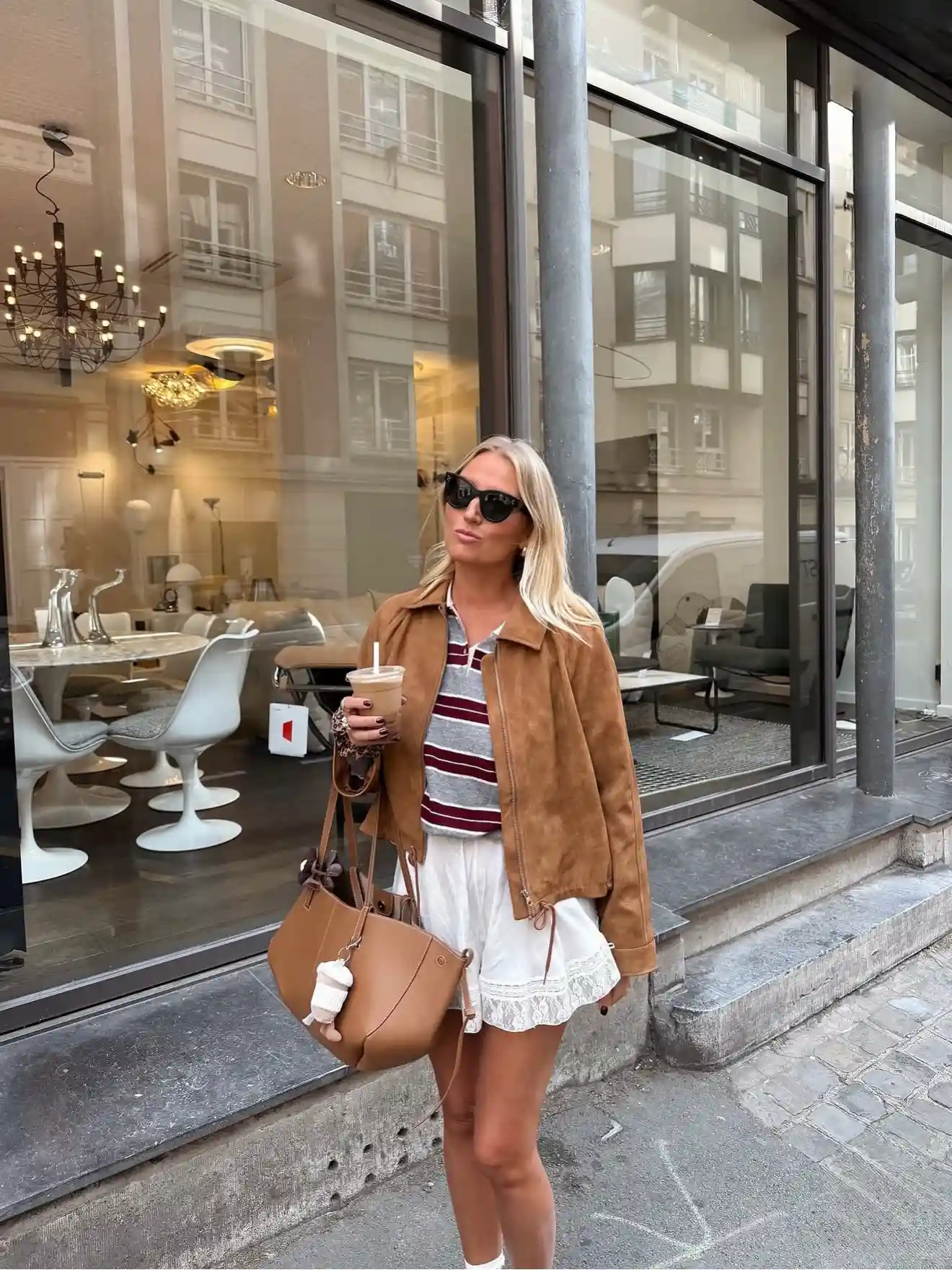 Camel Suede Jacket With Striped Knit and White Skirt