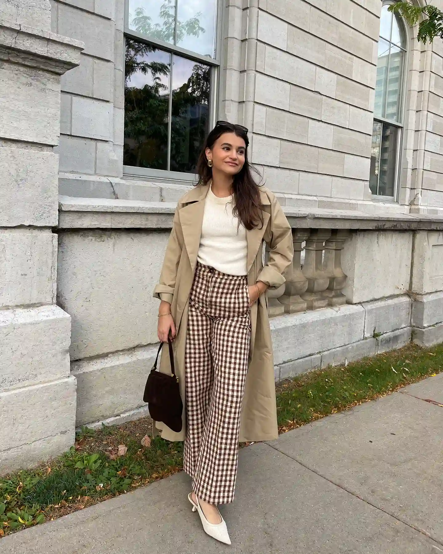 Camel Trench With Cream Knit and Brown Gingham Trousers