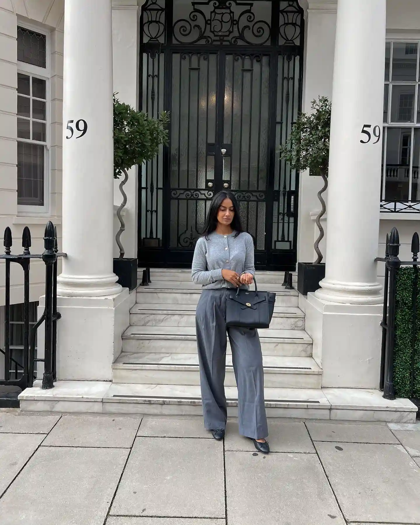 Gray Cardigan With Wide Leg Tailored Trousers
