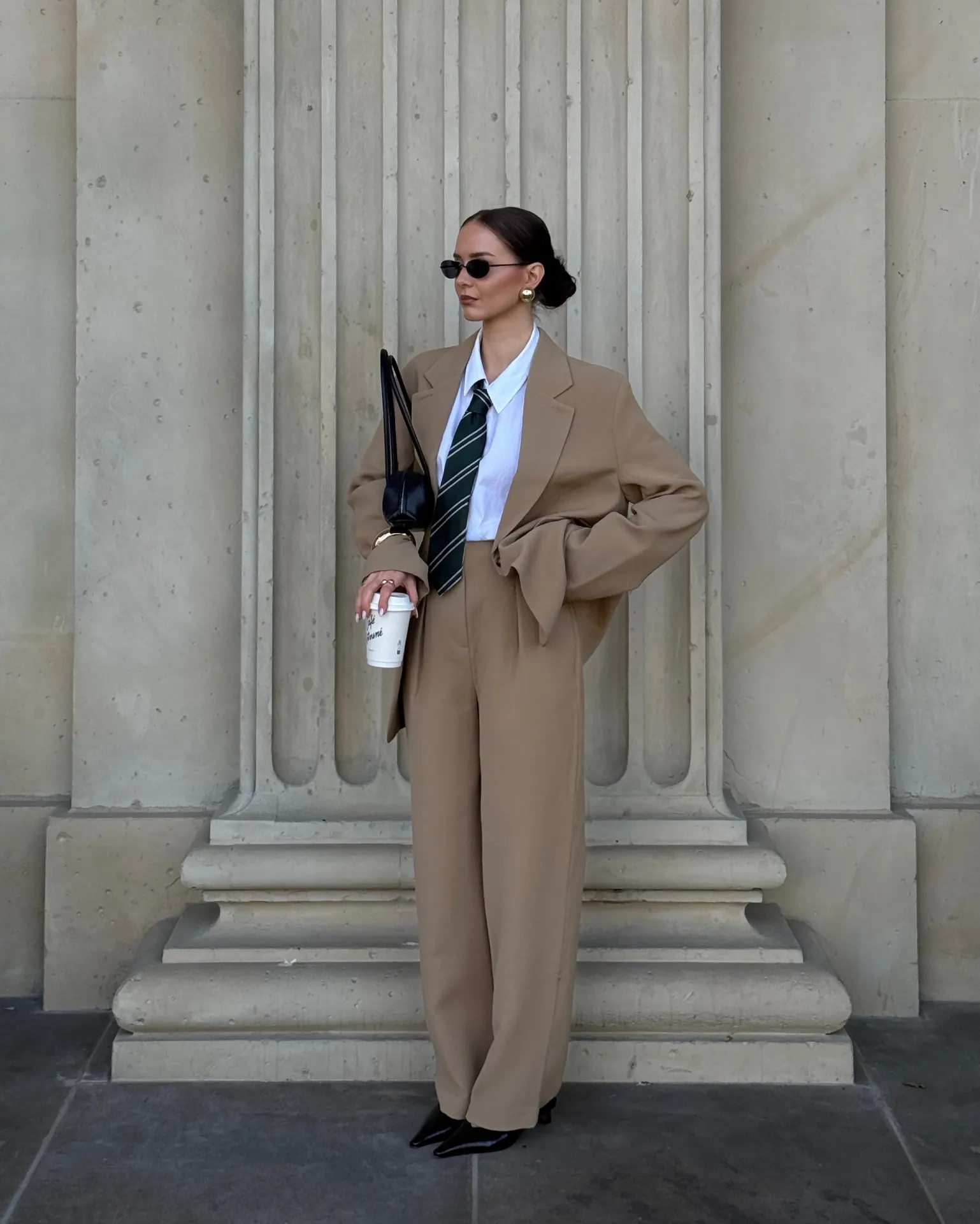 Camel Suit With White Shirt and Deep Green Tie