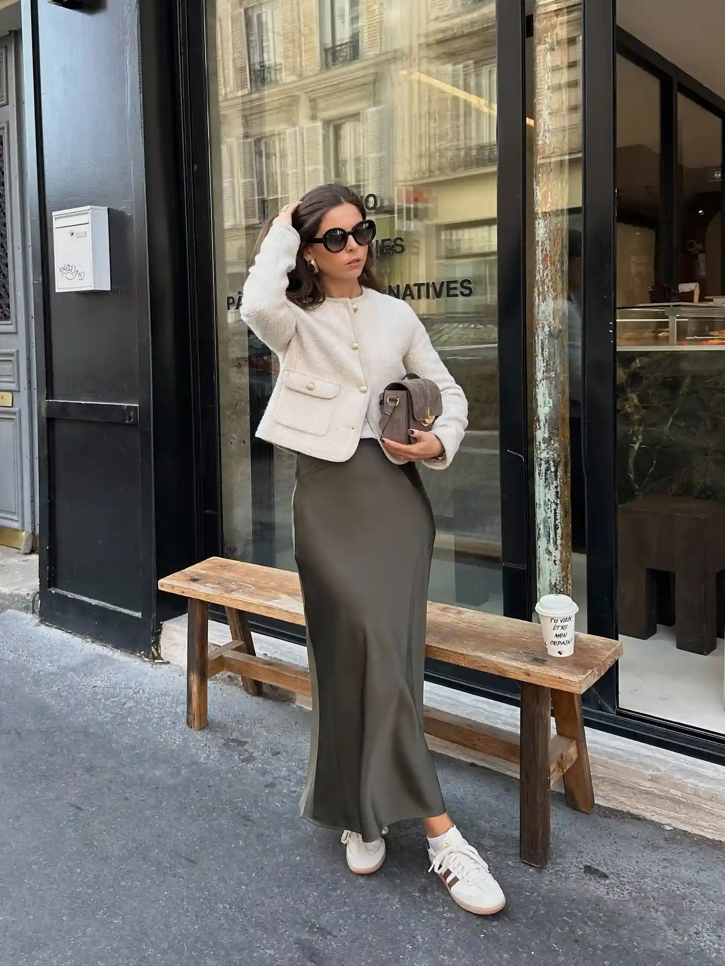 Olive Satin Maxi Skirt With Cream Jacket and Retro Sneakers